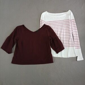 Lot Of 2 Ann Taylor & Loft Medium Tops Burgundy Dress Striped Longsleeve Cotton